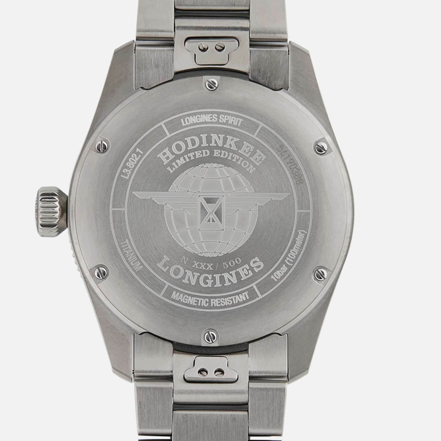 The back of the Longines Spirit Zulu Time Limited Edition for Hodinkee watch, numbered and engraved with Longines and Hodinkee logos and text.