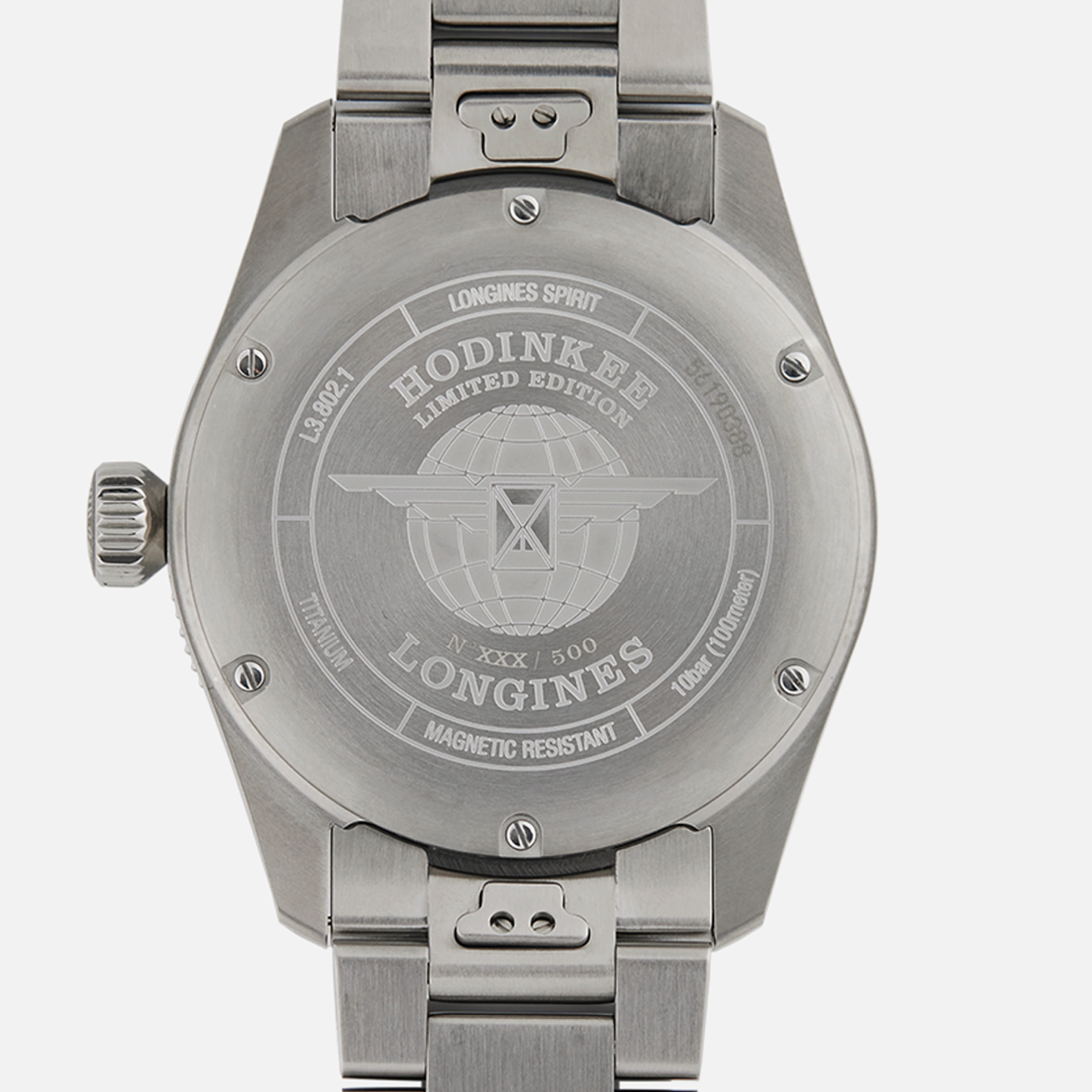 The back of the Longines Spirit Zulu Time Limited Edition for Hodinkee watch, numbered and engraved with Longines and Hodinkee logos and text.