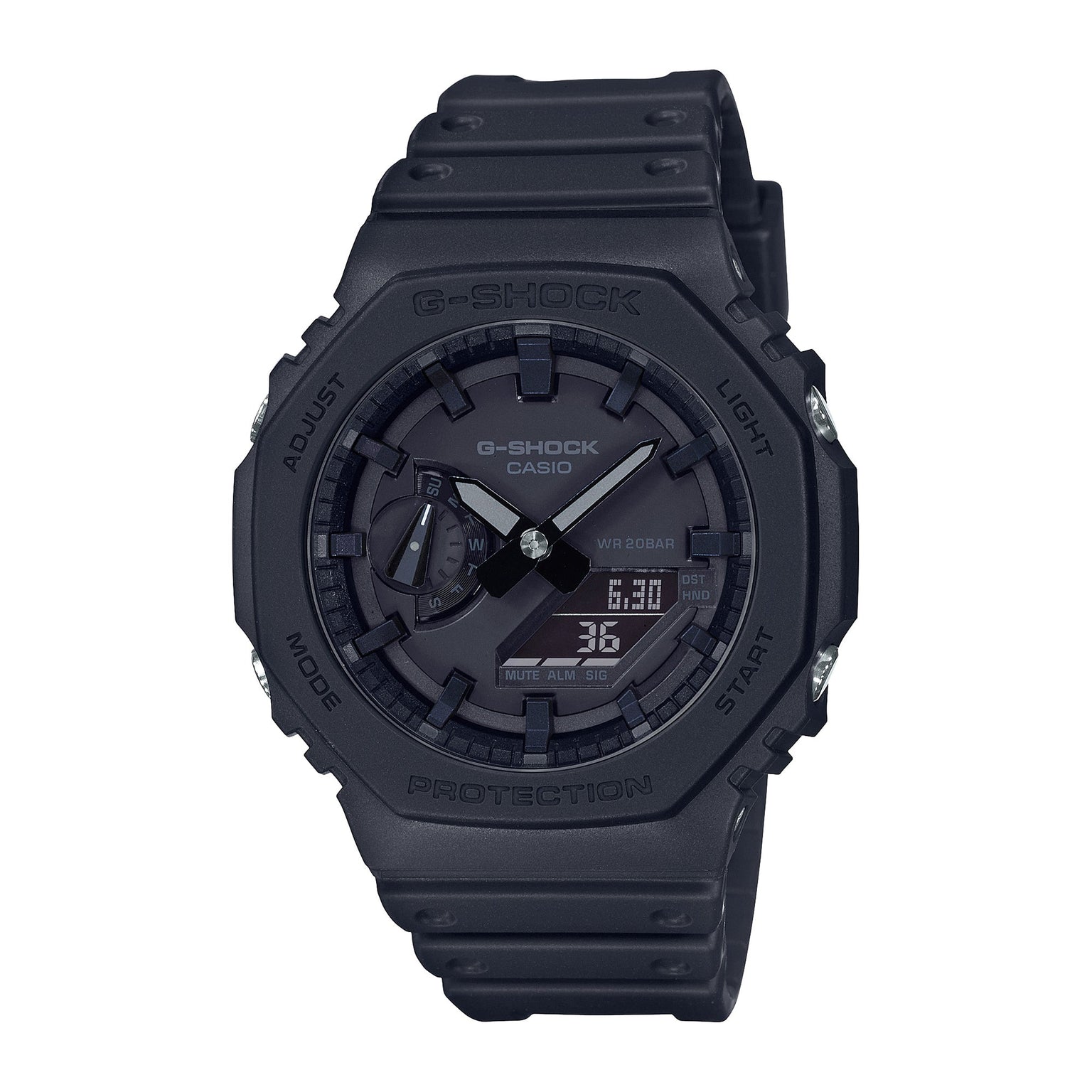 Black G-Shock digital analog watch with square resin case, black band, and dual display showing time and date.