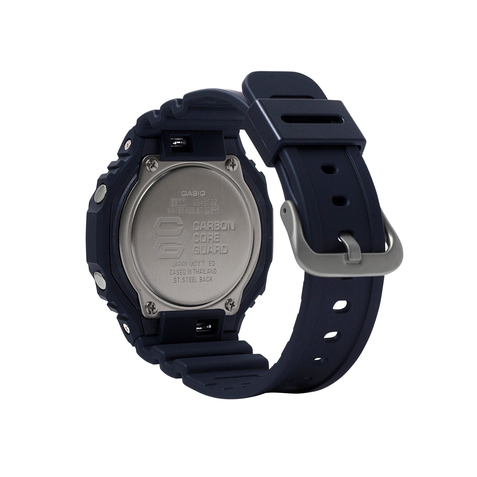 Black resin digital watch with square face, silver case back, and black band with buckle closure.
