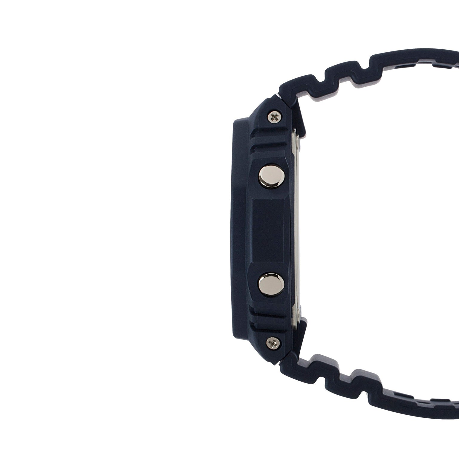 Black resin digital watch with square face, two metal buttons, and textured band shown from side view.