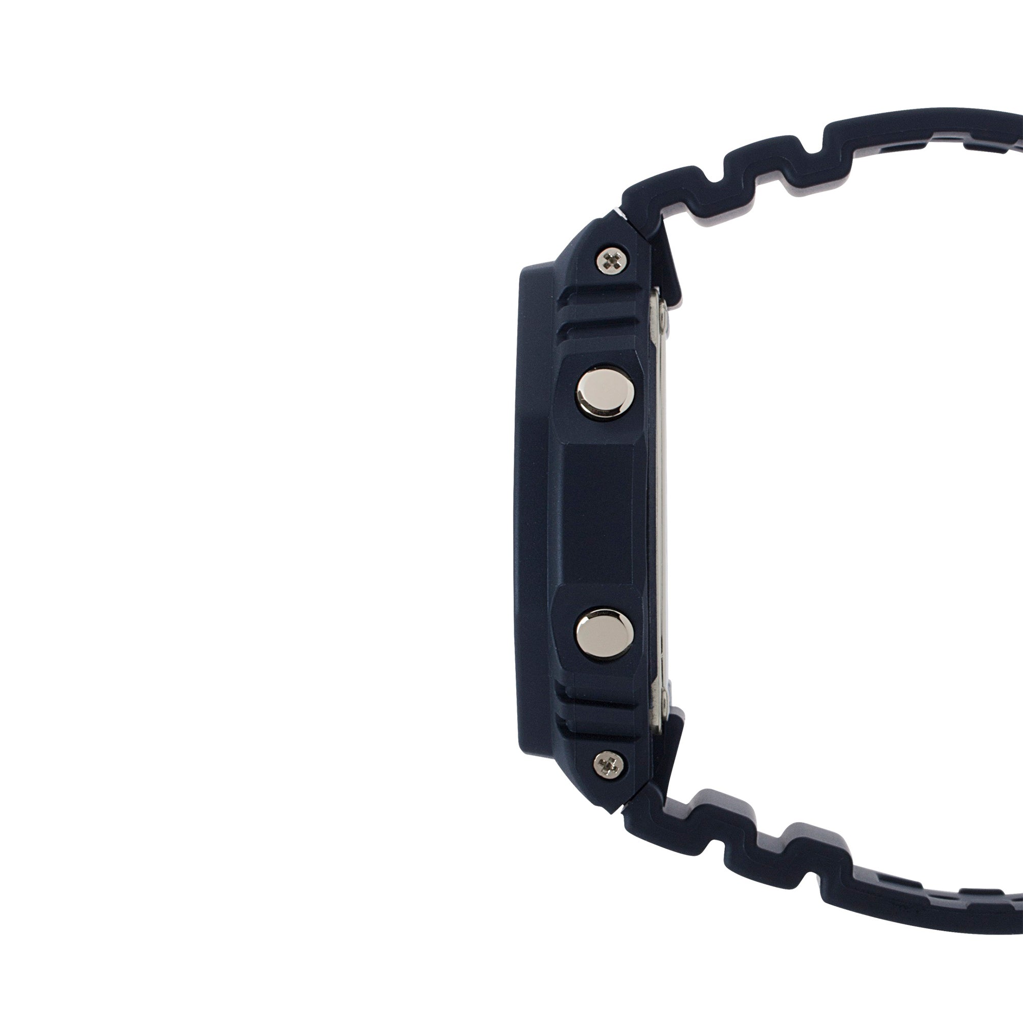 Black resin digital watch with square face, two metal buttons, and textured band shown from side view.