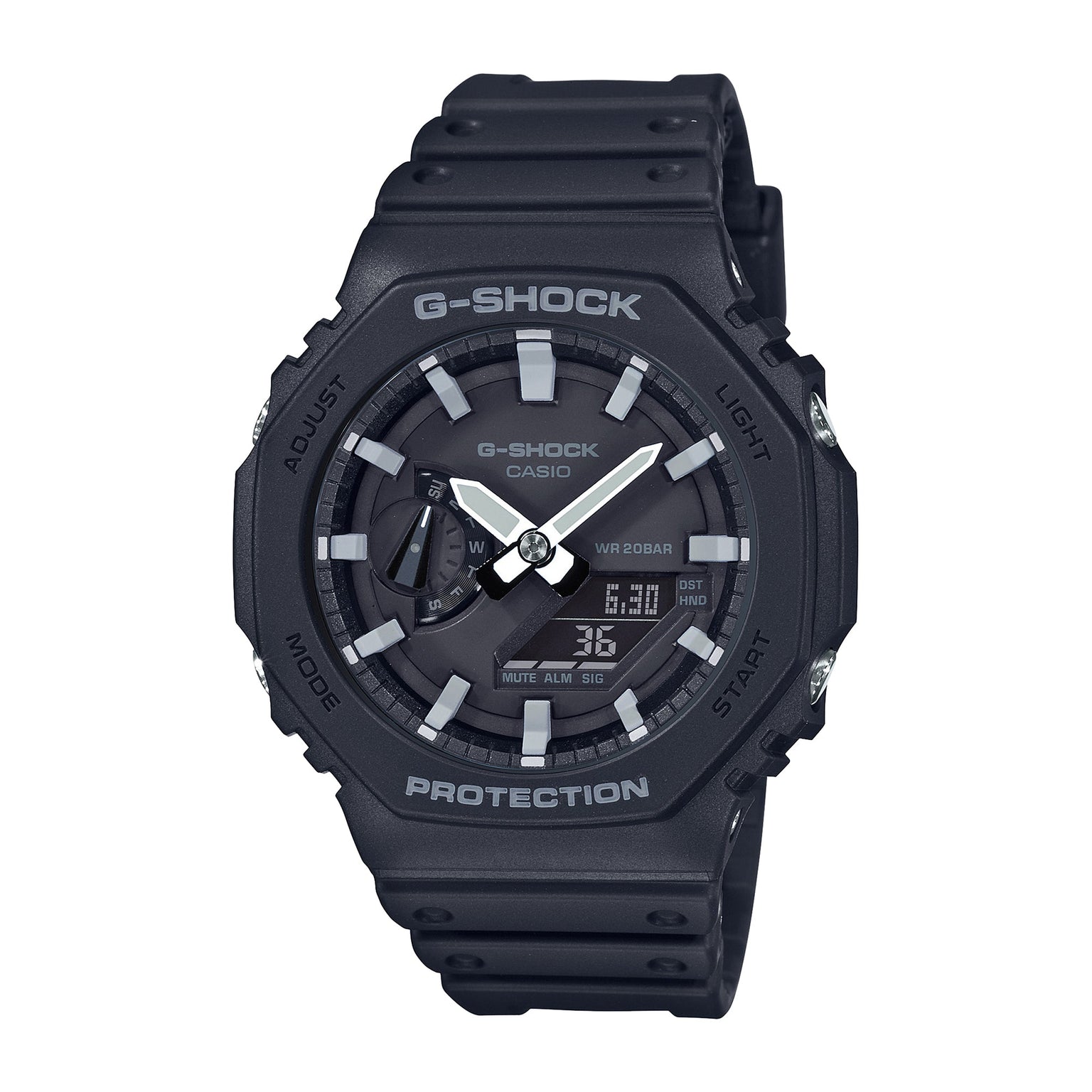 Black G-Shock analog-digital watch with white hour markers, white hands, digital display, and black resin band.