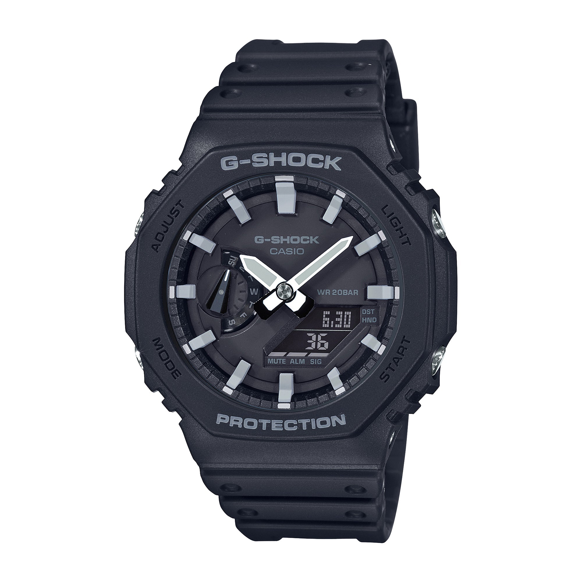 Black G-Shock analog-digital watch with white hour markers, white hands, digital display, and black resin band.
