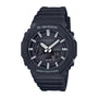 Black G-Shock analog-digital watch with white hour markers, white hands, digital display, and black resin band.