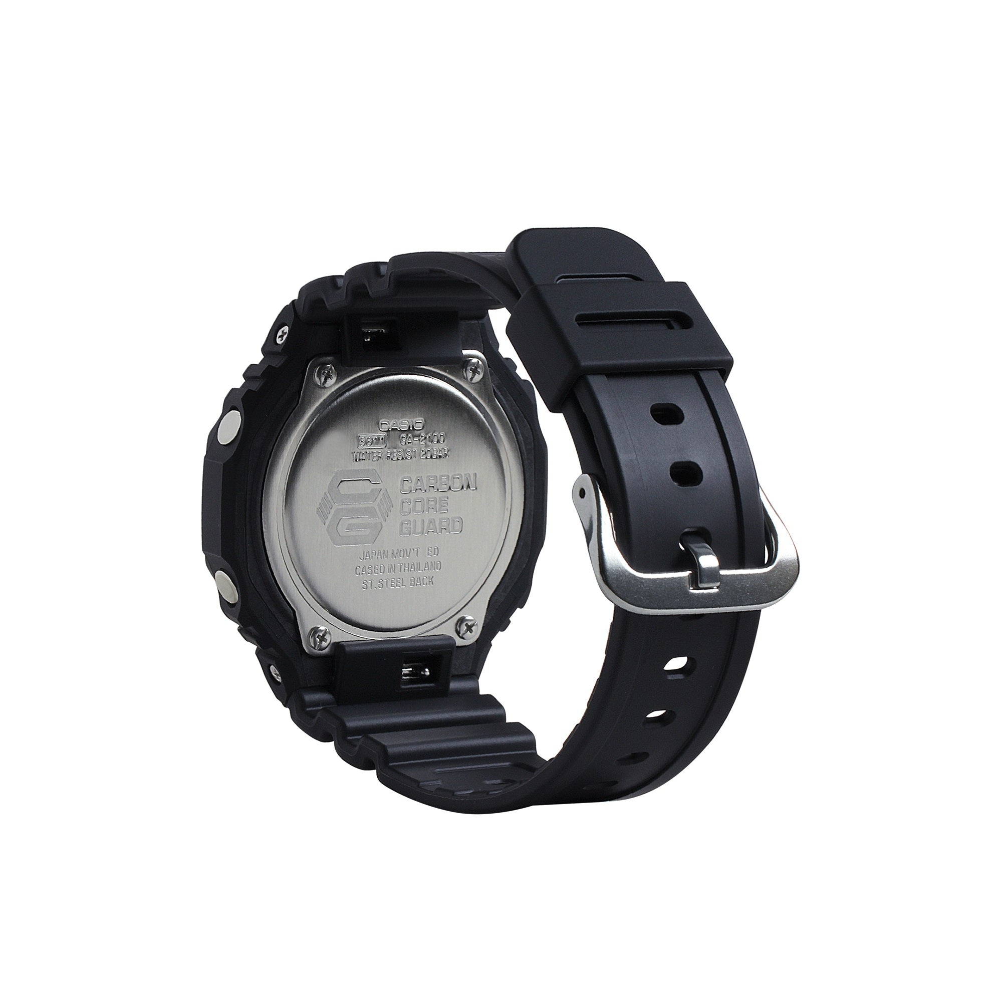 Black resin digital watch with square face, black band with metal buckle, shown from back and side angles.