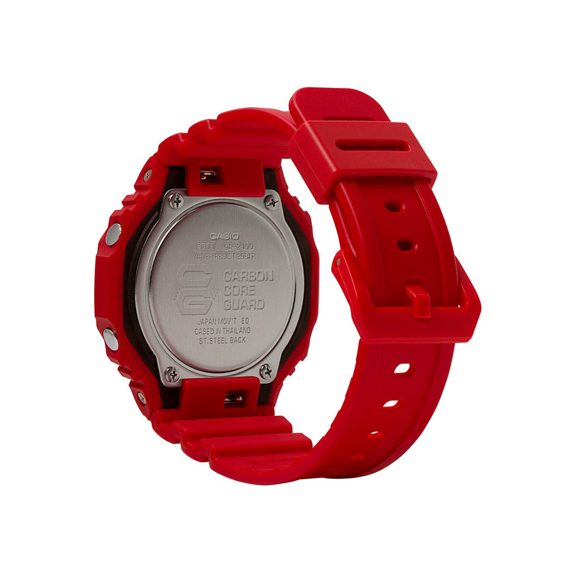 Red resin digital watch with square face, gray case back, and matching red band with adjustment holes.