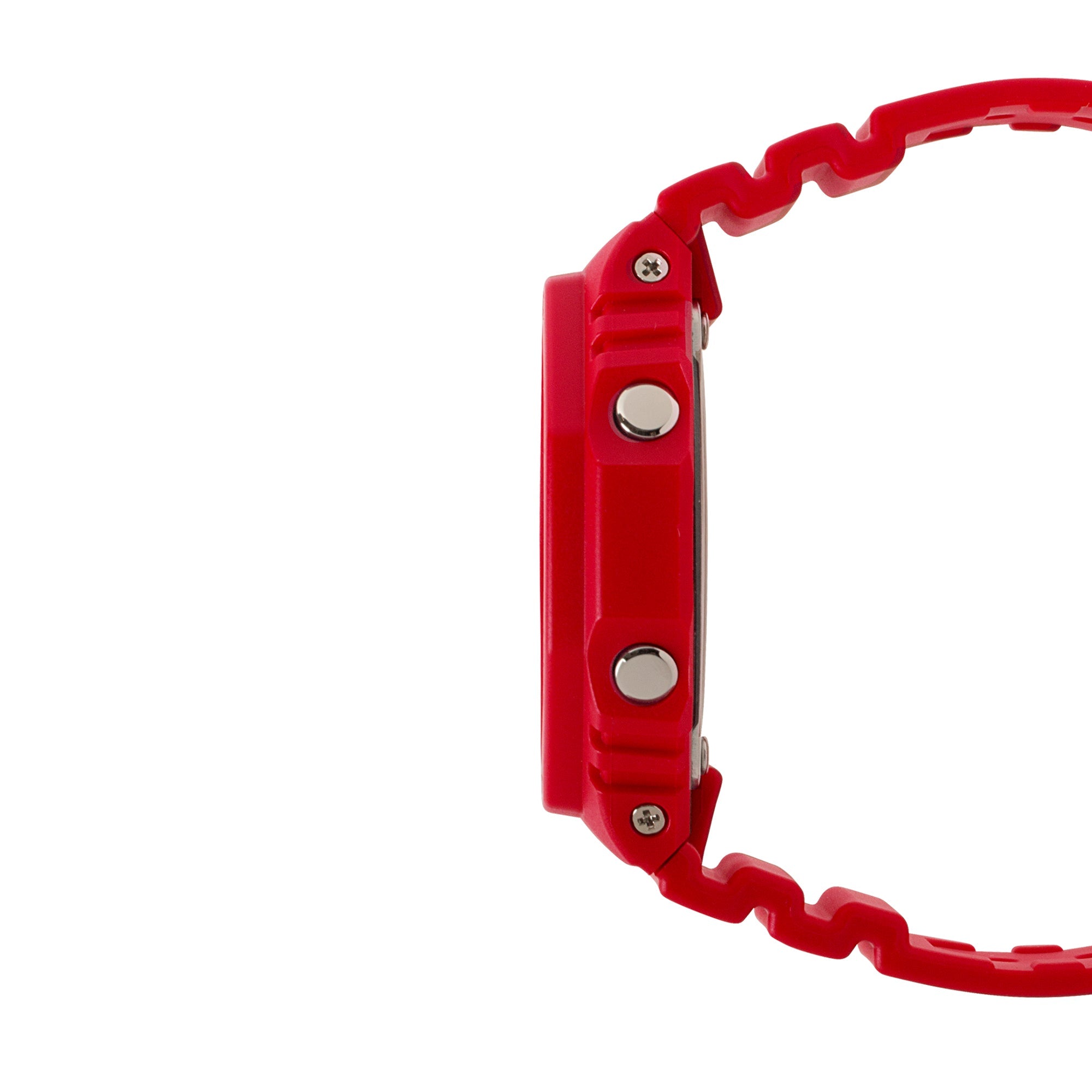 Red resin digital watch with square case, metal buttons, and textured band shown from side view.