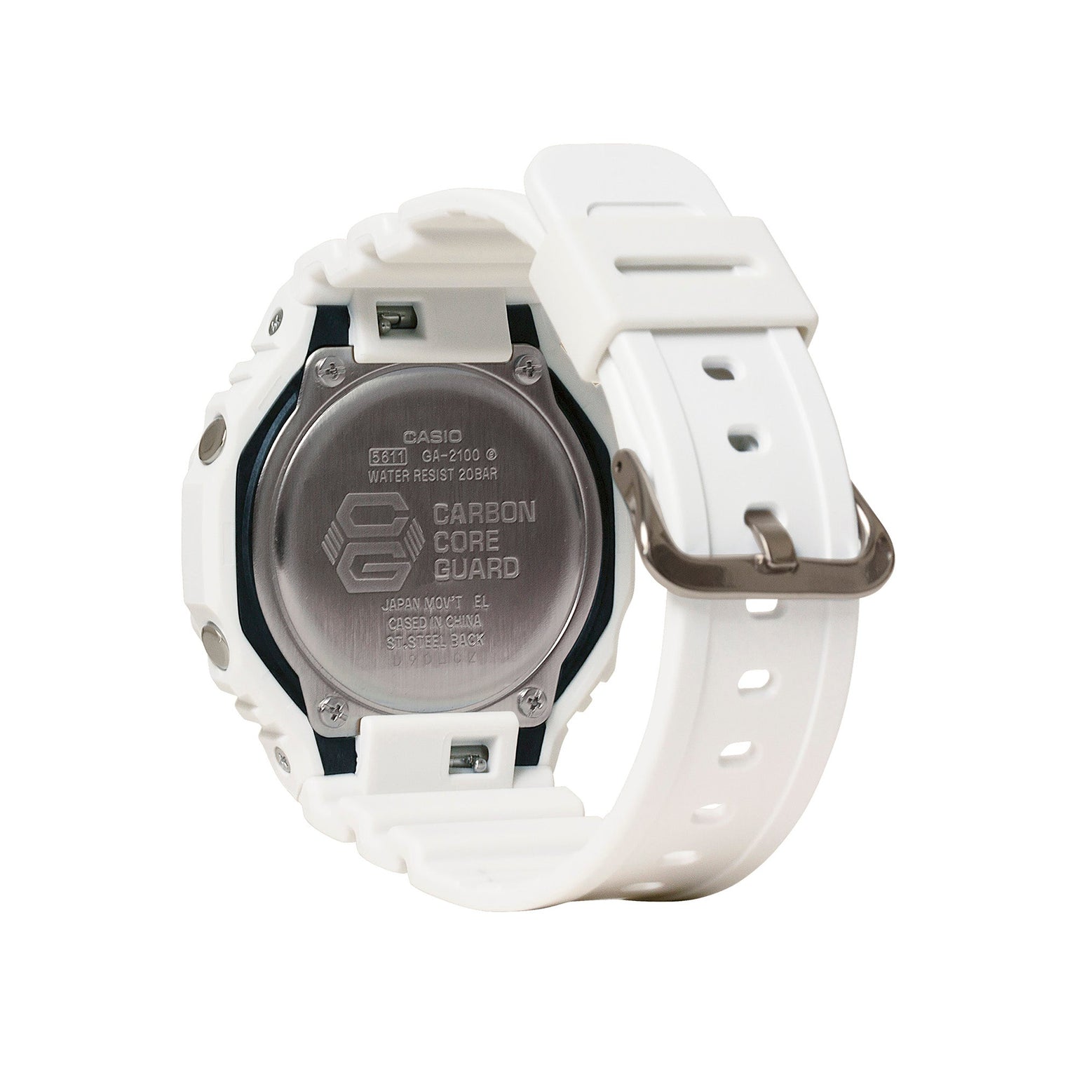White resin digital watch with black dial, square face, and white band with metal buckle, shown from back and side view.