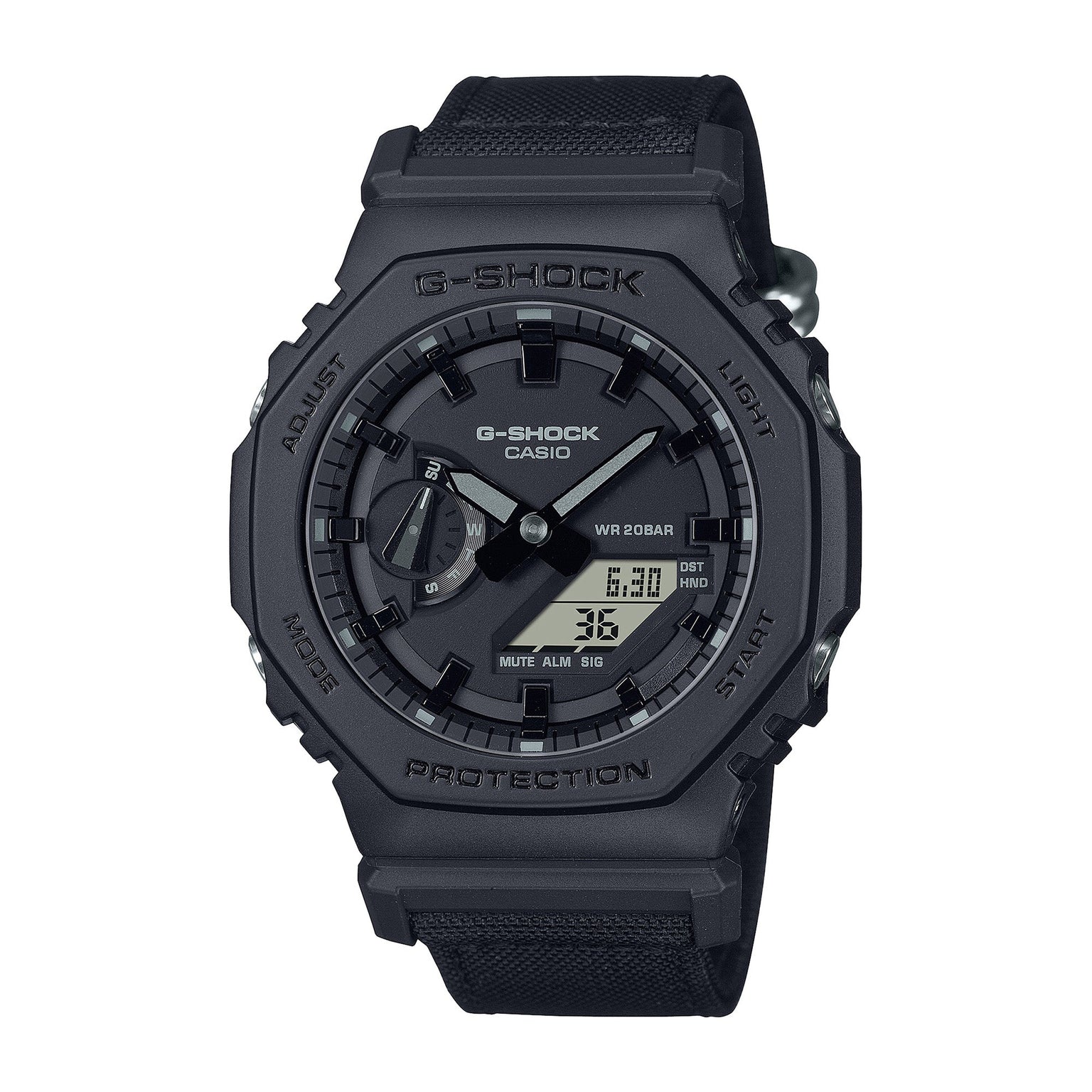 Black G-Shock digital and analog quartz watch with resin case, textured band, and dual time display.