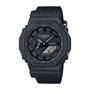 Black G-Shock digital and analog quartz watch with resin case, textured band, and dual time display.