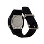 Black resin digital watch with black fabric strap, metal case back, and silver-tone hardware shown from rear angle.