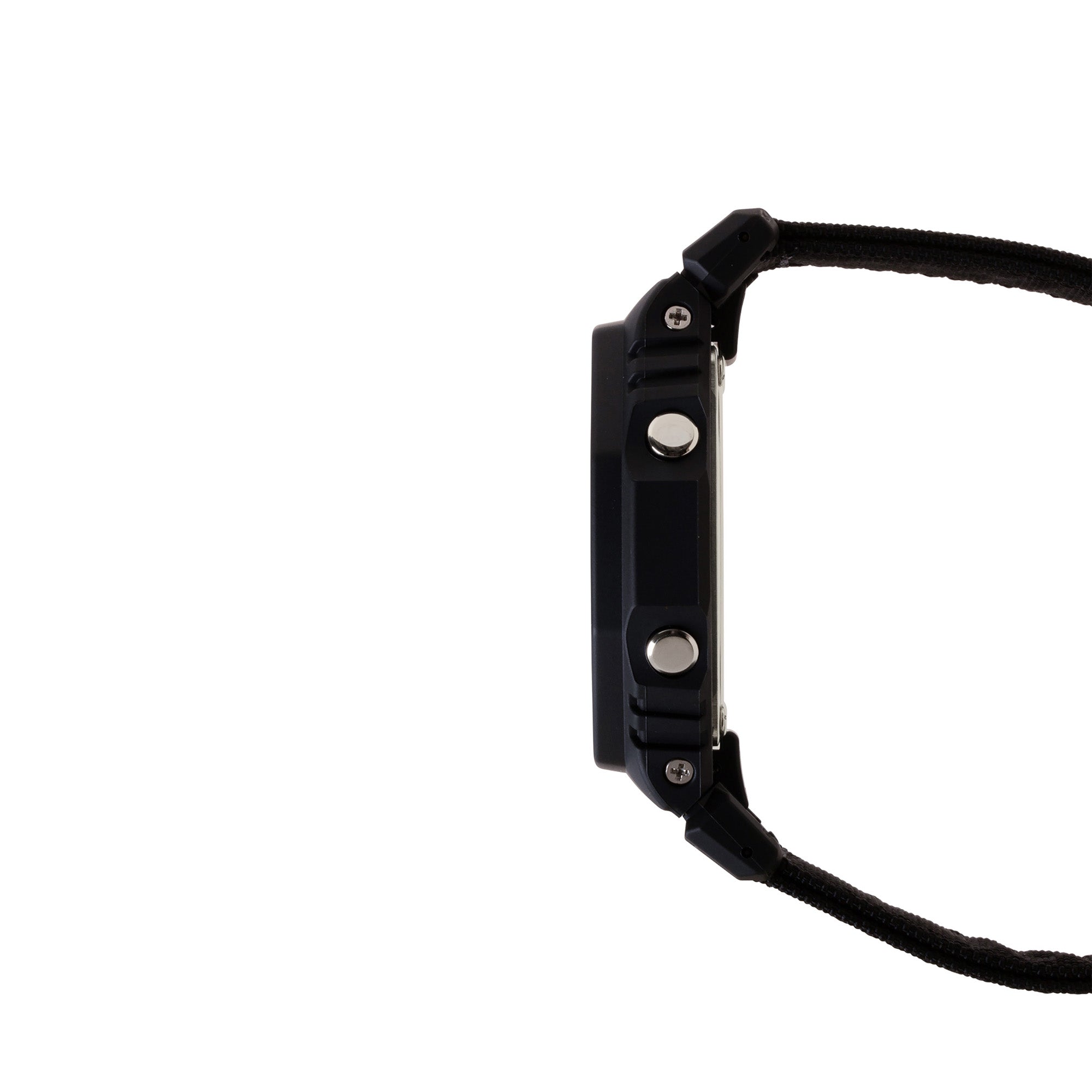 Black digital watch with resin case, metallic buttons, and textile strap shown from the side view.