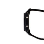 Black digital watch with resin case, metallic buttons, and textile strap shown from the side view.