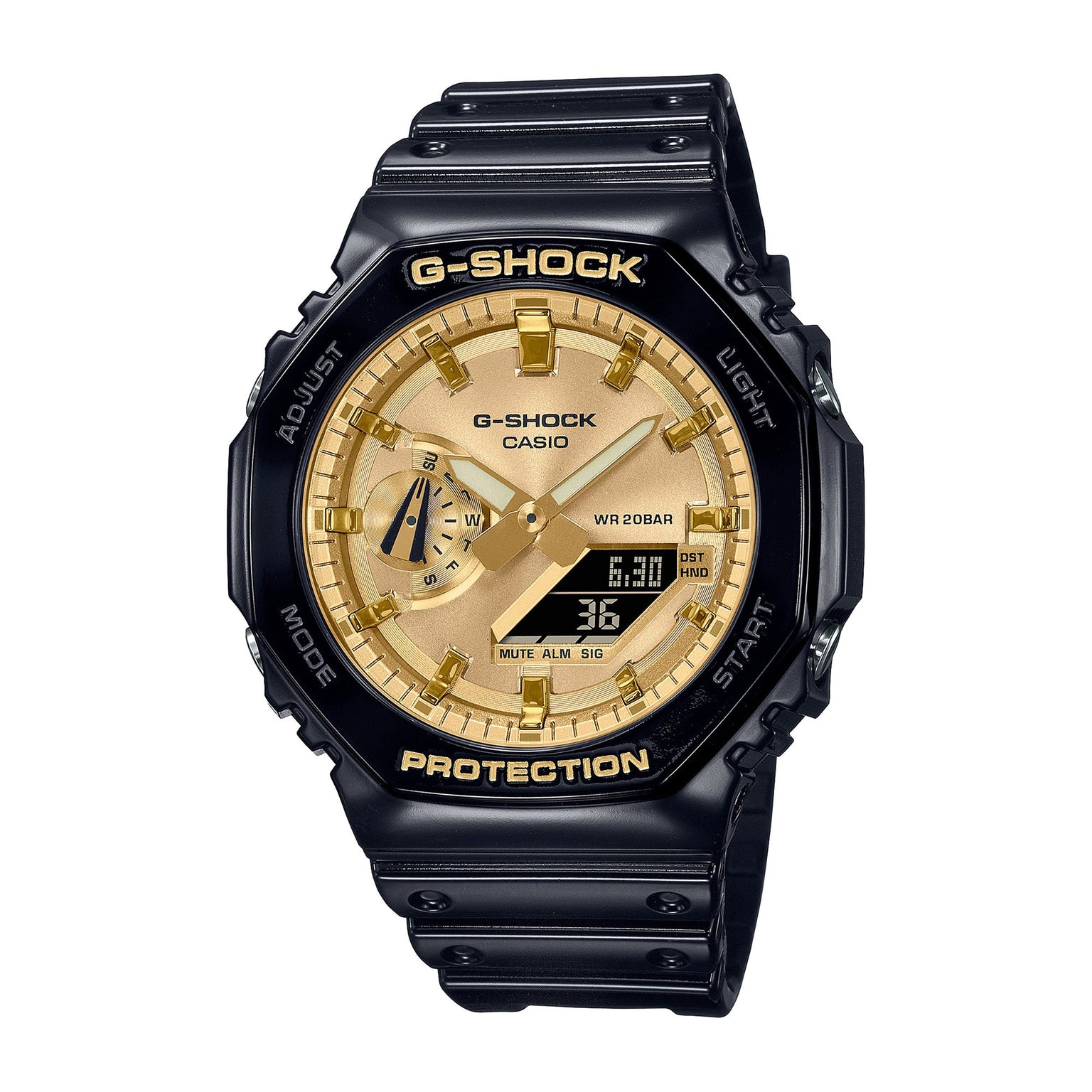 Black resin G-Shock watch with gold-tone dial, digital display, and black band.