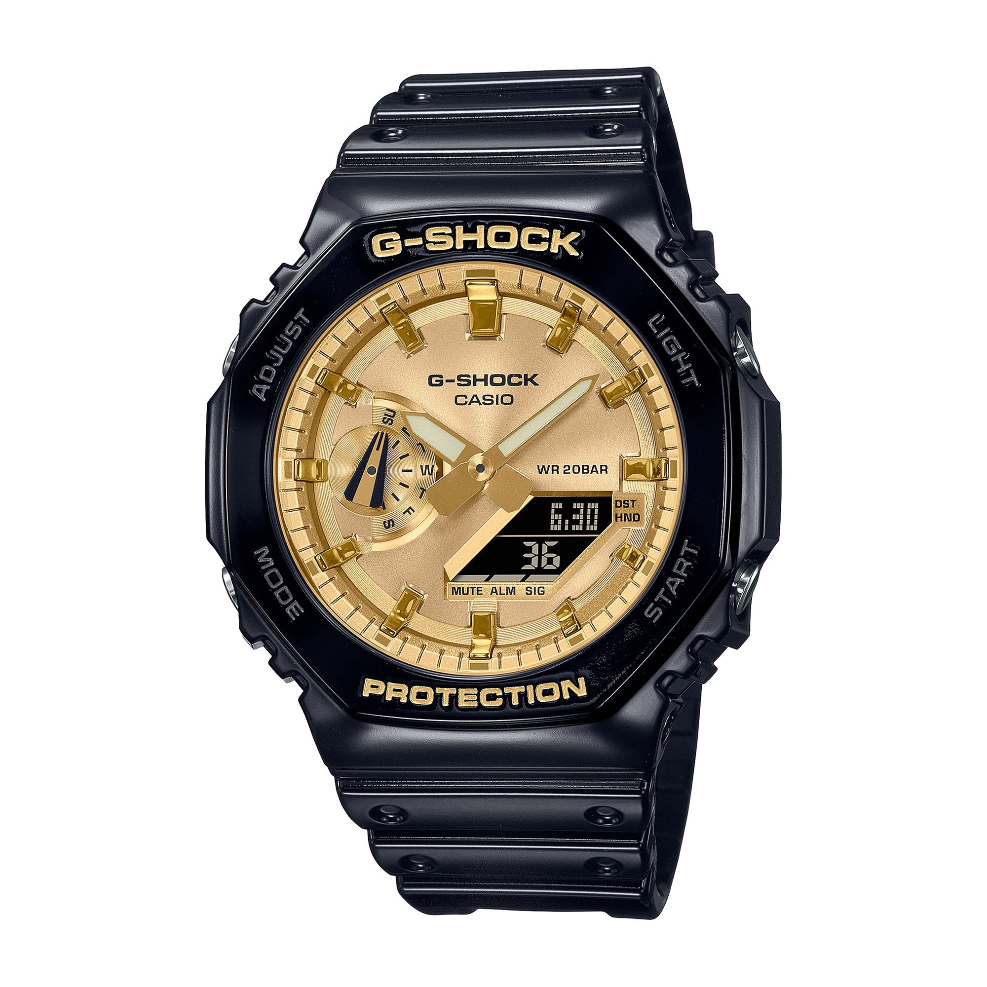Black resin G-Shock watch with gold-tone dial, digital display, and black band.