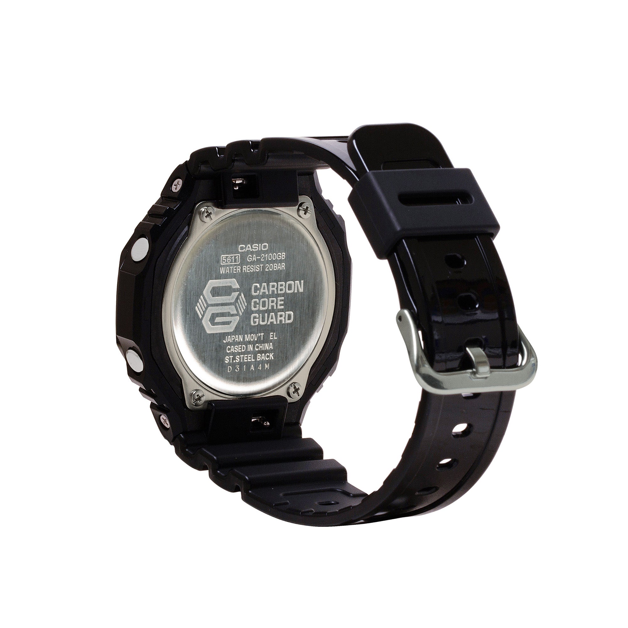 Black Casio G-Shock watch with stainless steel back, black resin band, and digital display showing Carbon Core Guard technolo