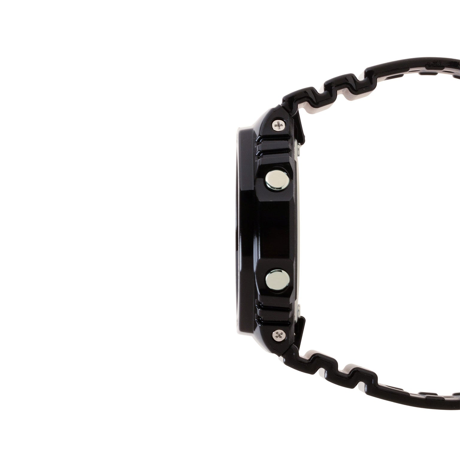 Black digital watch with resin band and case, shown from the side profile.