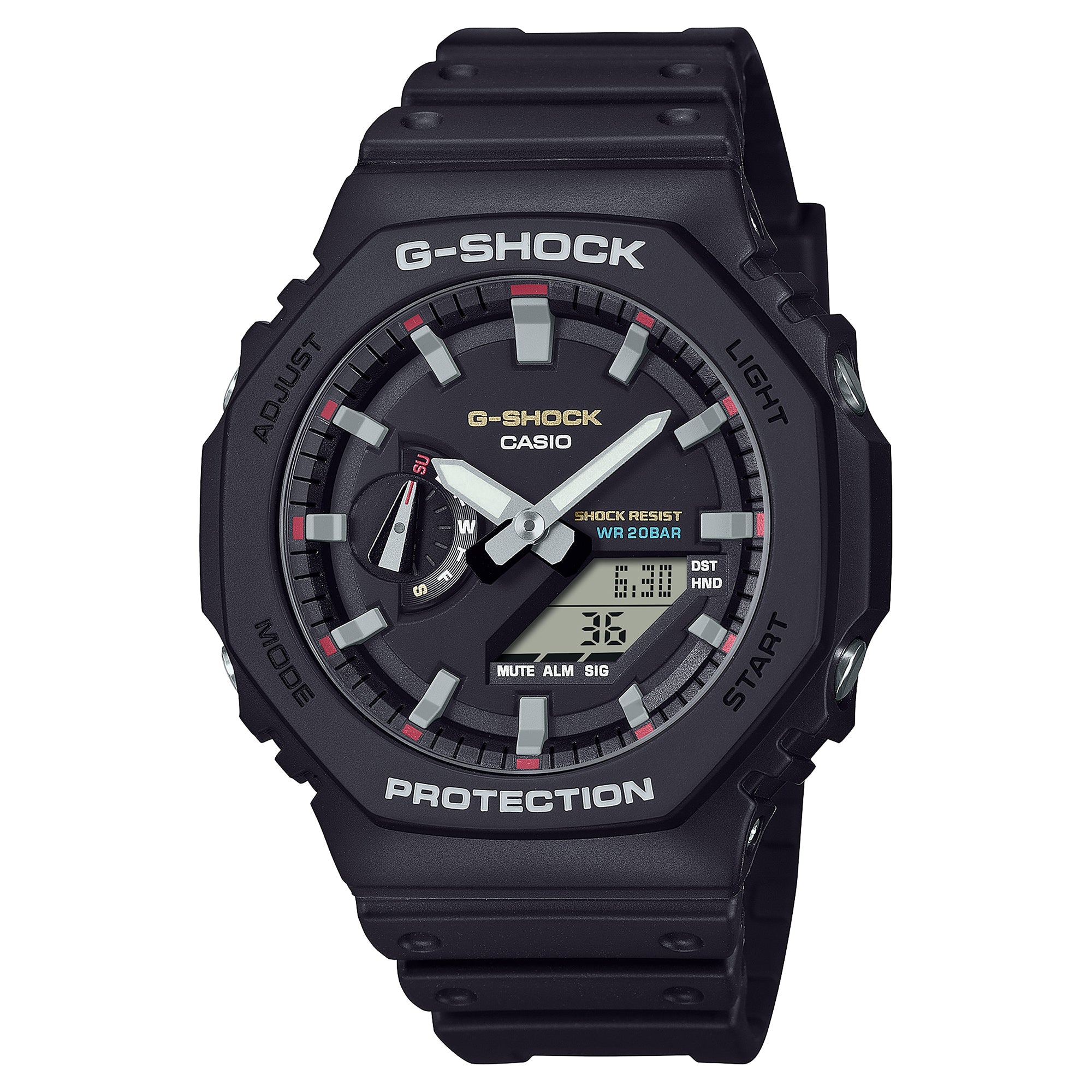 Black G-Shock digital and analog quartz watch with resin band, white hands, gray hour markers, and red accents on dial.