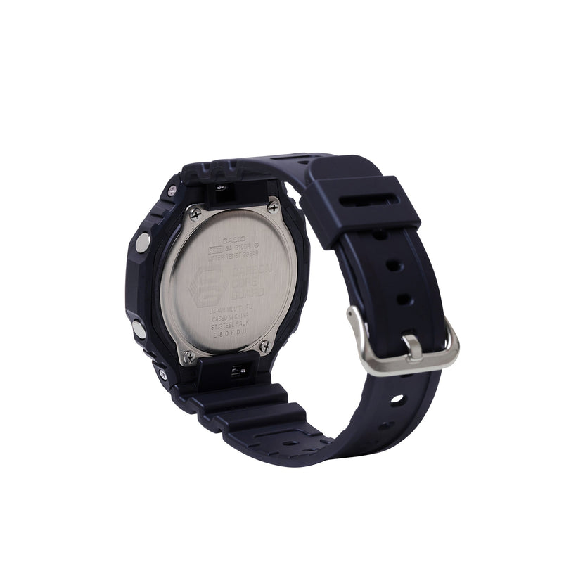 Black resin digital watch with rectangular case, silver-tone caseback, and dark blue band with silver buckle shown from back 