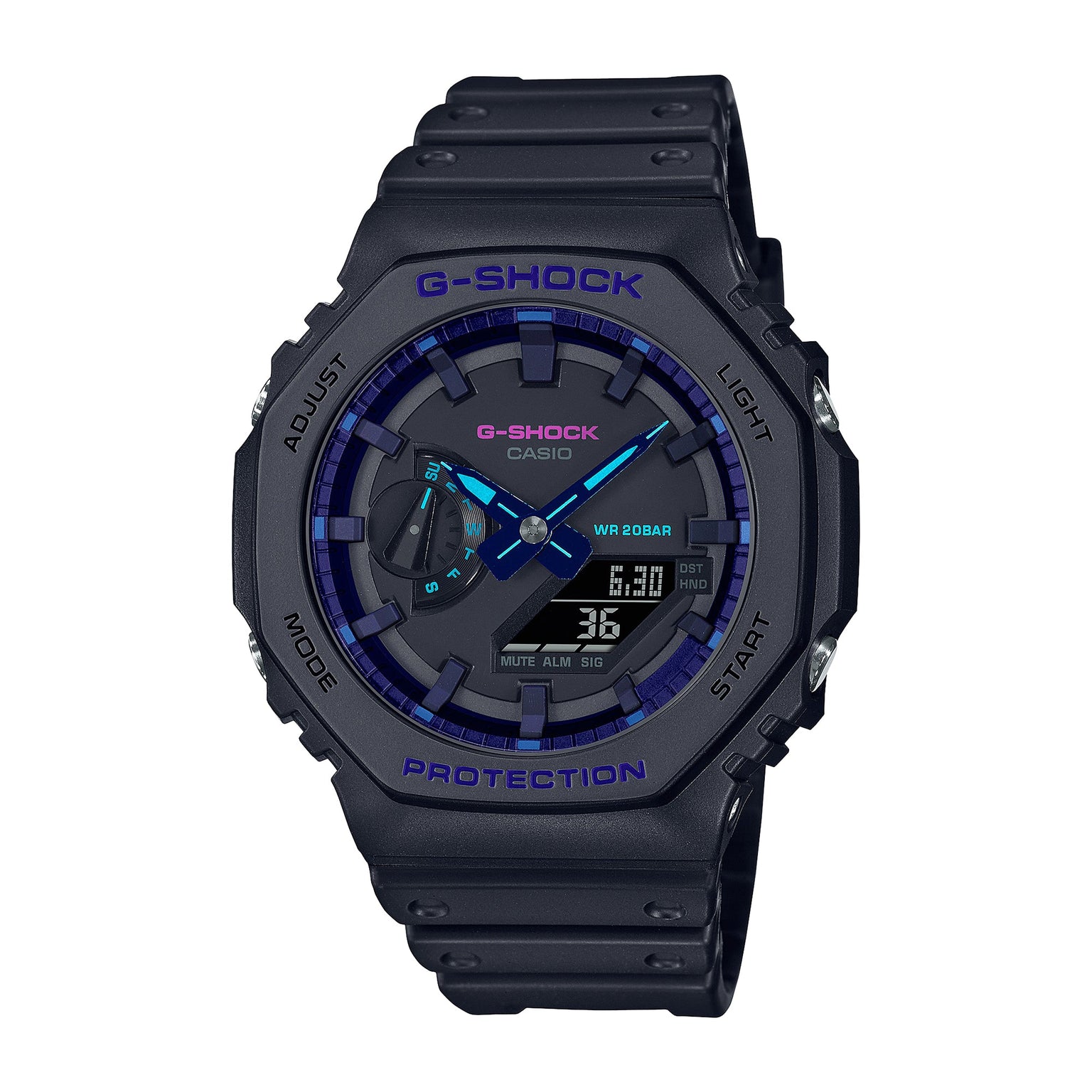 Black G-Shock resin watch with blue accents, digital and analog display, water resistant to 200 bar.