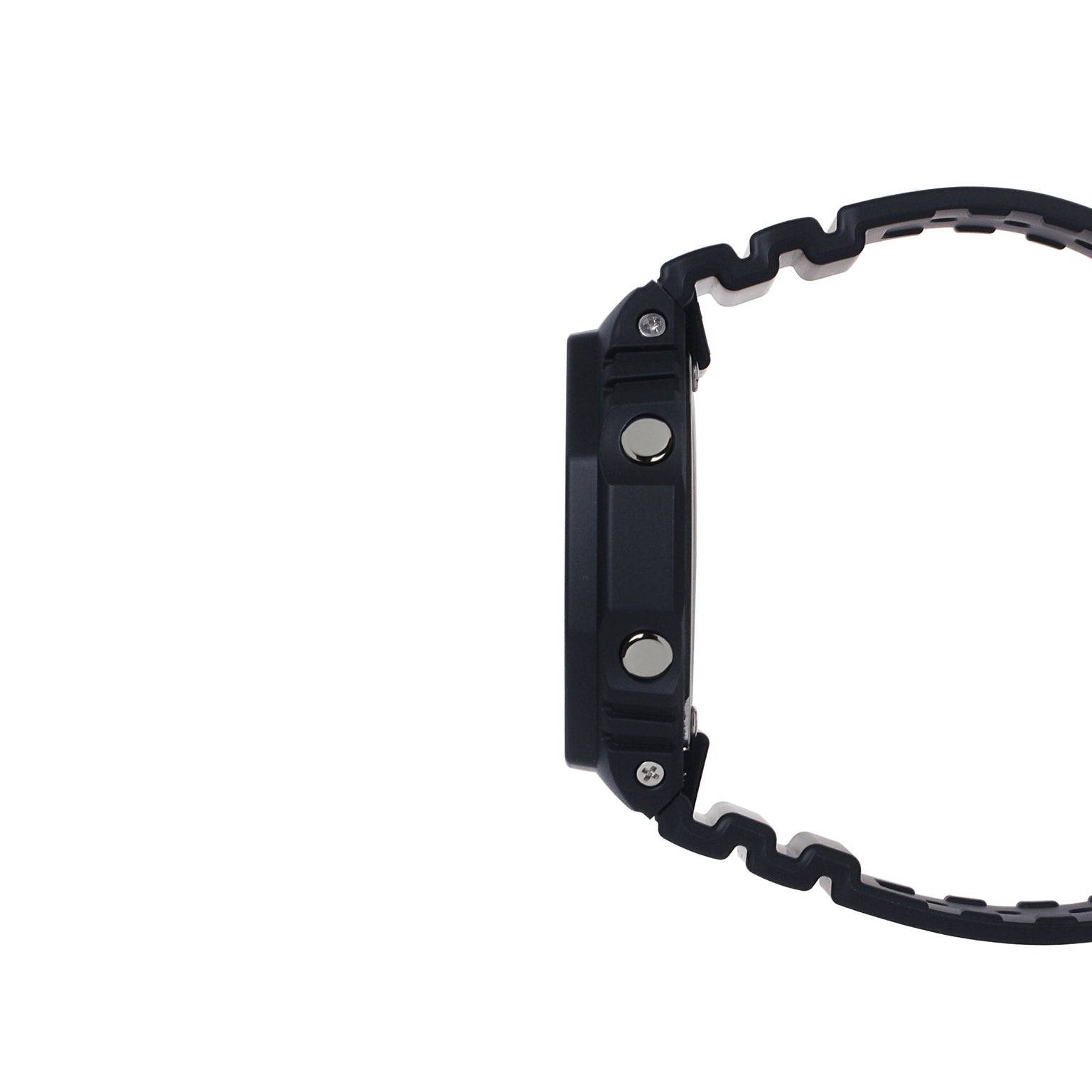Black digital watch with square resin case and textured rubber strap, shown from the side.