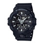 Black G-Shock analog-digital watch with white hour markers, digital display showing time and date, and black resin band.