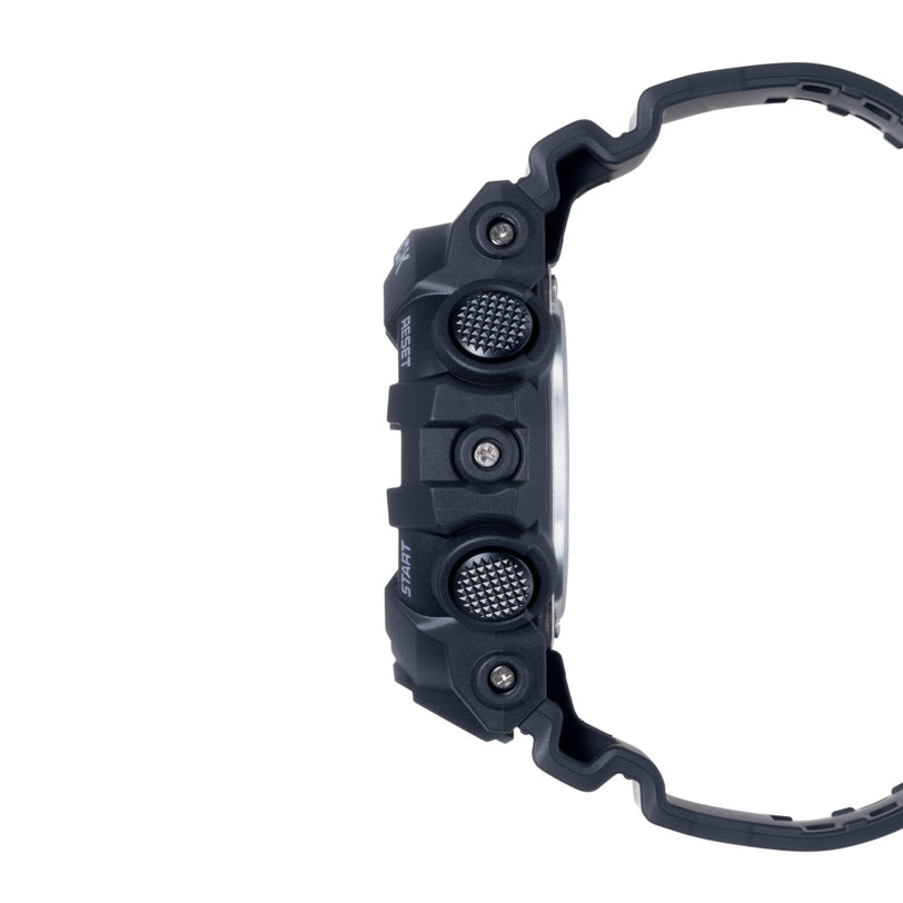 Black resin digital watch with textured button details and curved band shown from side profile.
