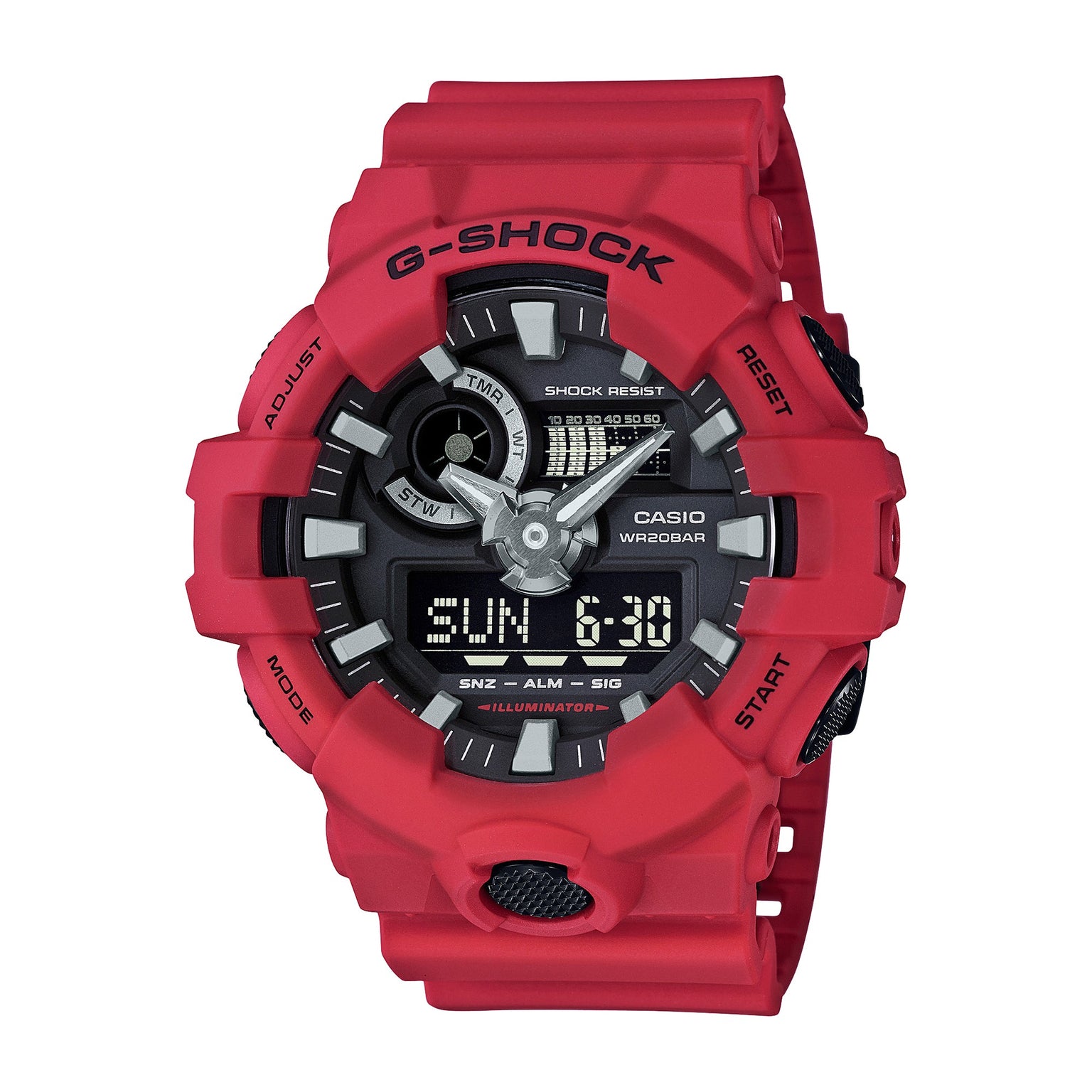 Red resin G-Shock watch with black analog and digital display showing 6:30.