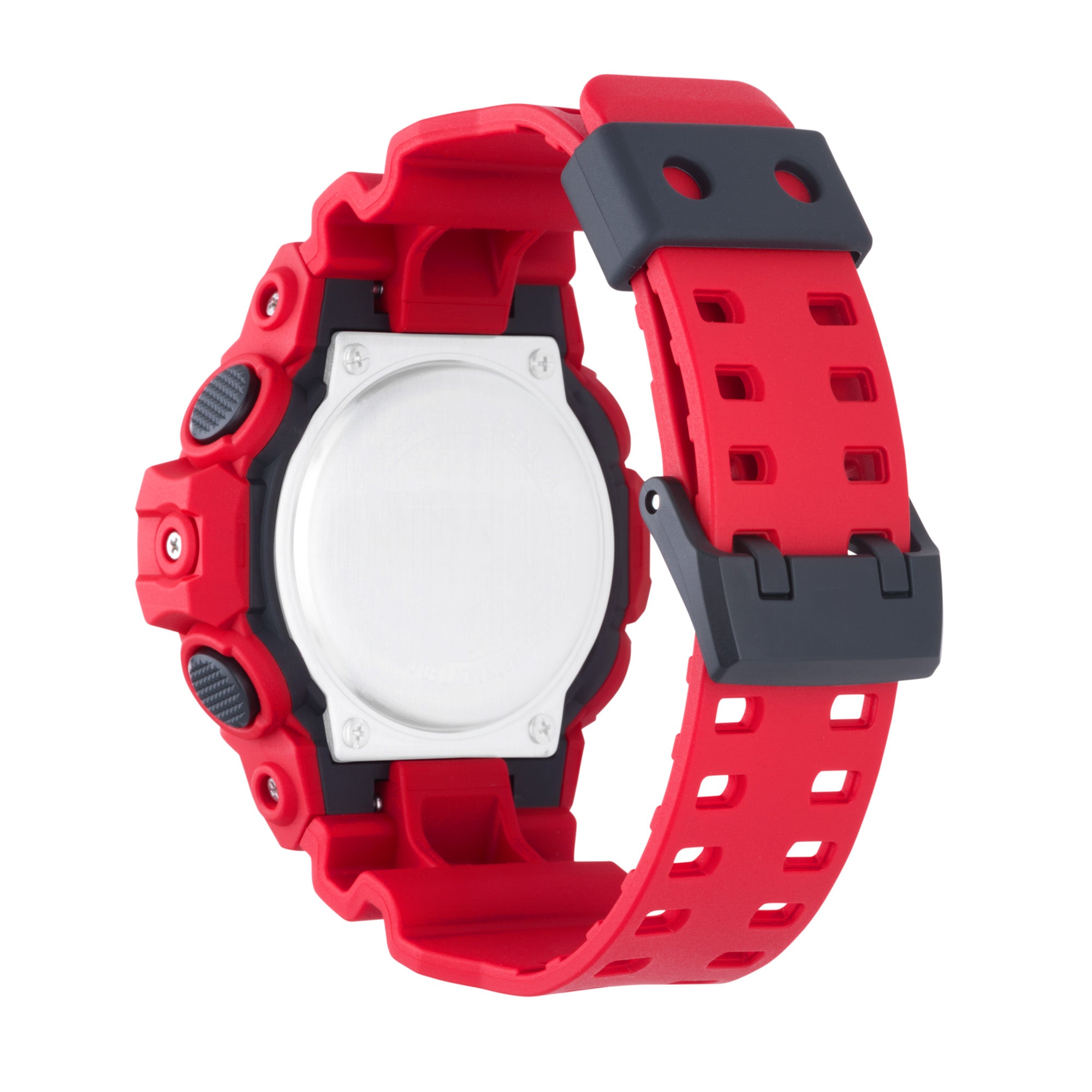 Red and black digital sports watch with white dial, textured resin band, and square case design.