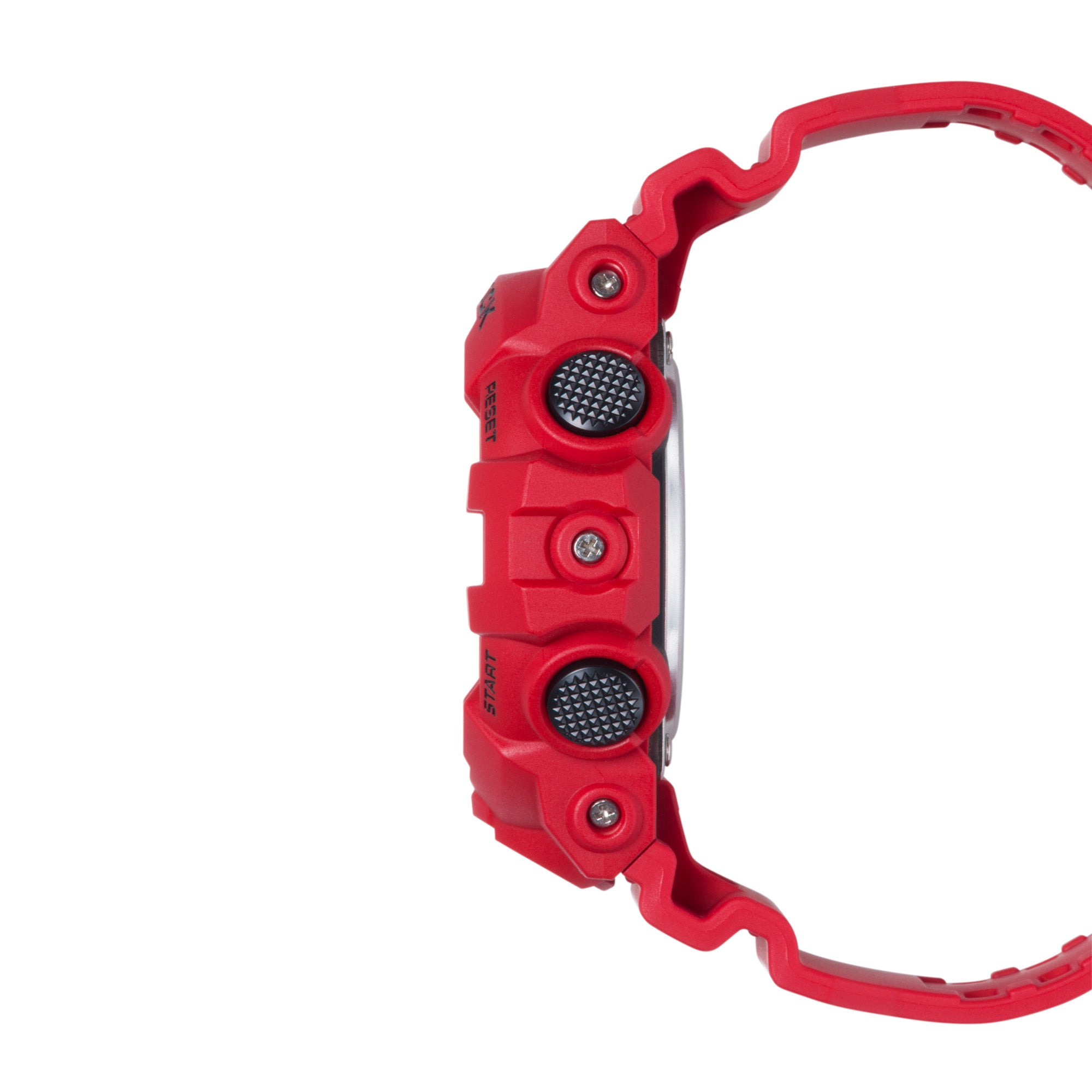 Red resin digital watch with multiple buttons and textured circular details on the side case.