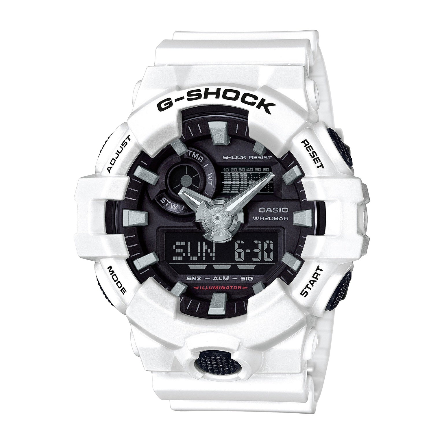 White G-Shock digital watch with black dial face, analog hands, LCD display, and rubber band strap.
