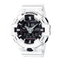 White G-Shock digital watch with black dial face, analog hands, LCD display, and rubber band strap.