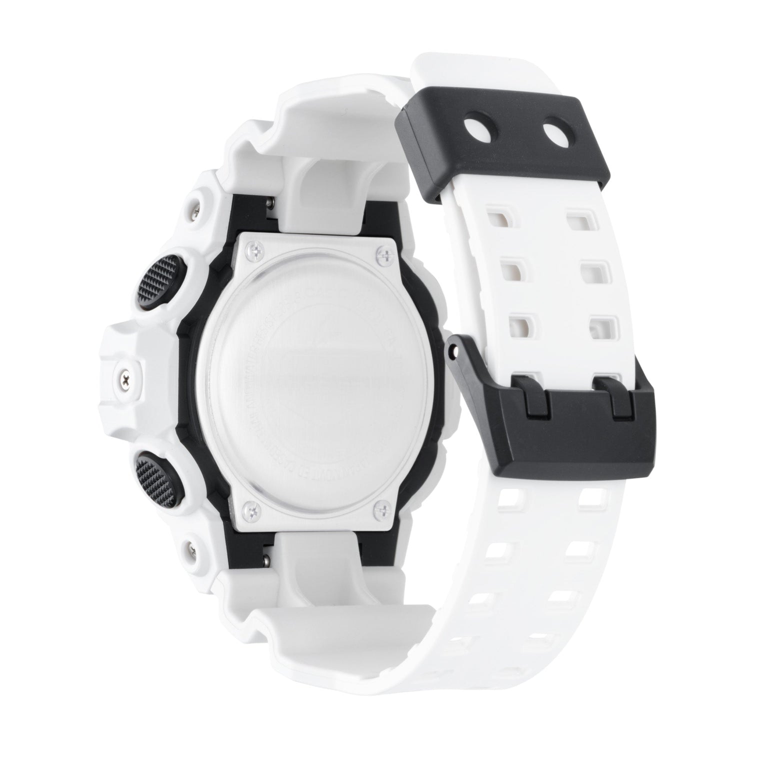 White digital watch with black accents, round dial face, and textured resin band with square cutout details.