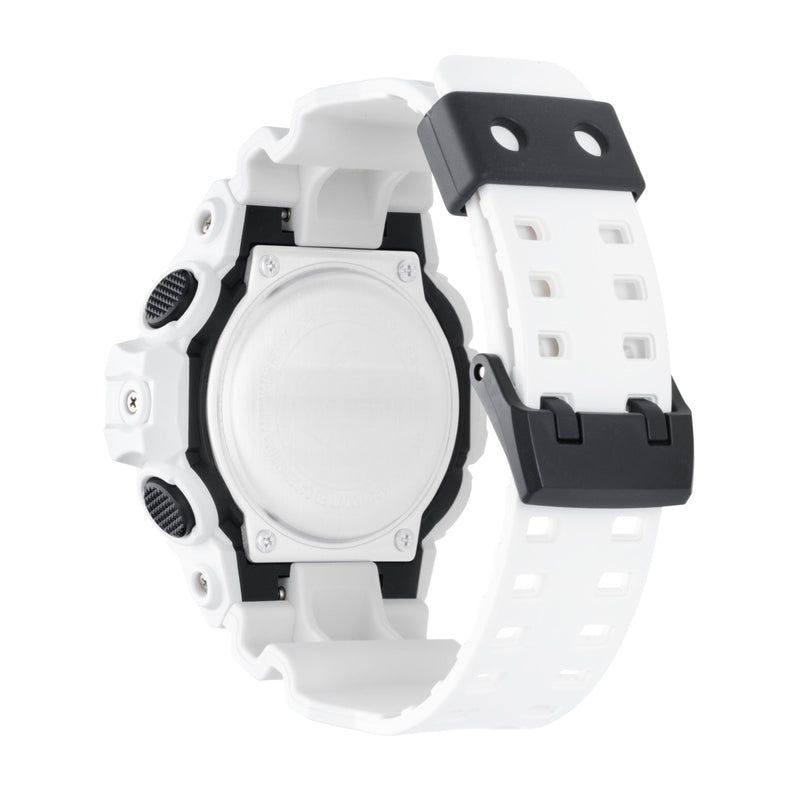White digital watch with black accents, round dial face, and textured resin band with square cutout details.