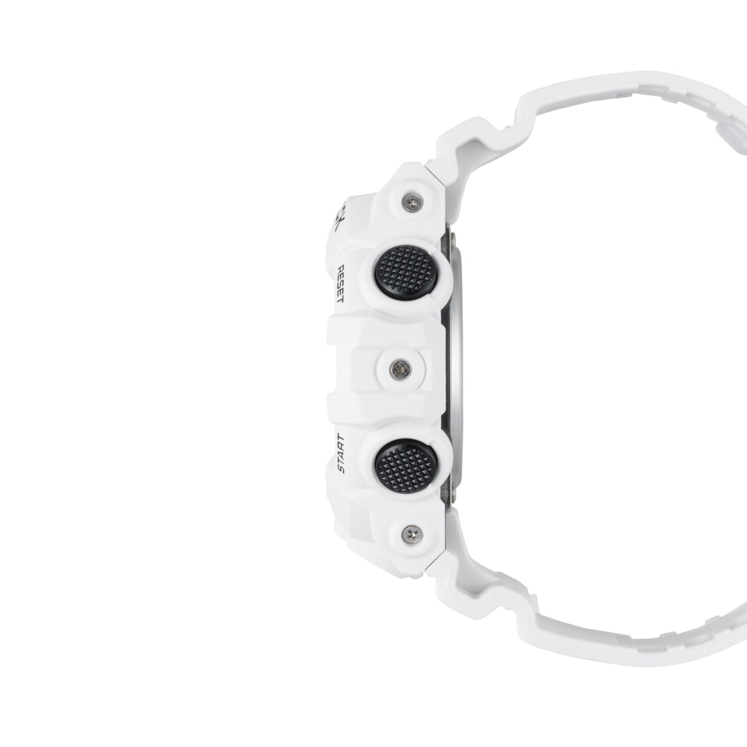 White resin digital watch with black textured buttons and white band shown from the side.