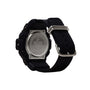 Black digital watch with silver metal case back, black resin band, and silver buckle closure.