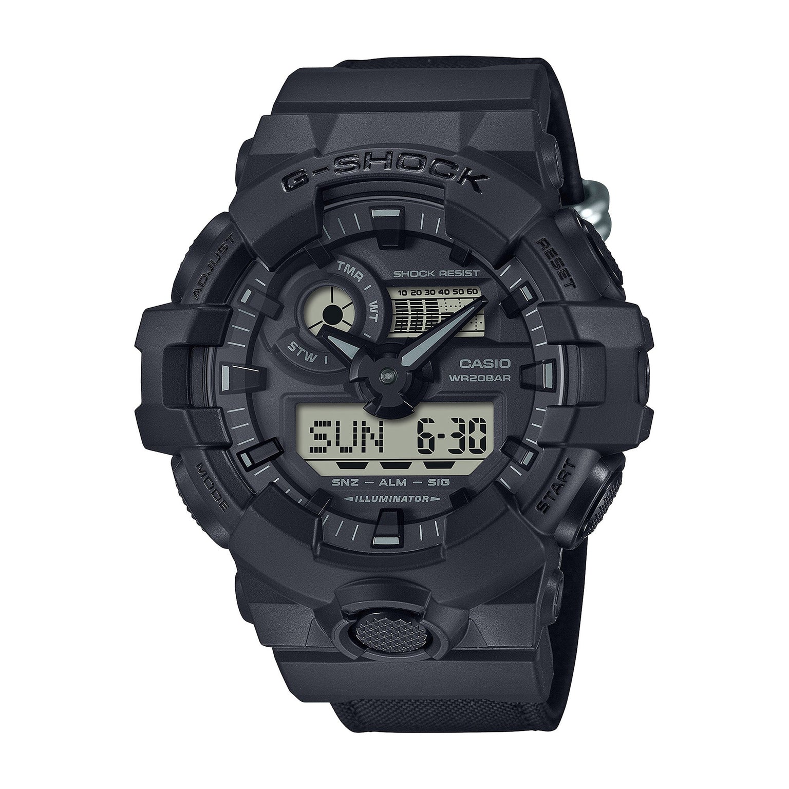 Black G-Shock watch with analog hands, digital display, resin band, and shock-resistant case.