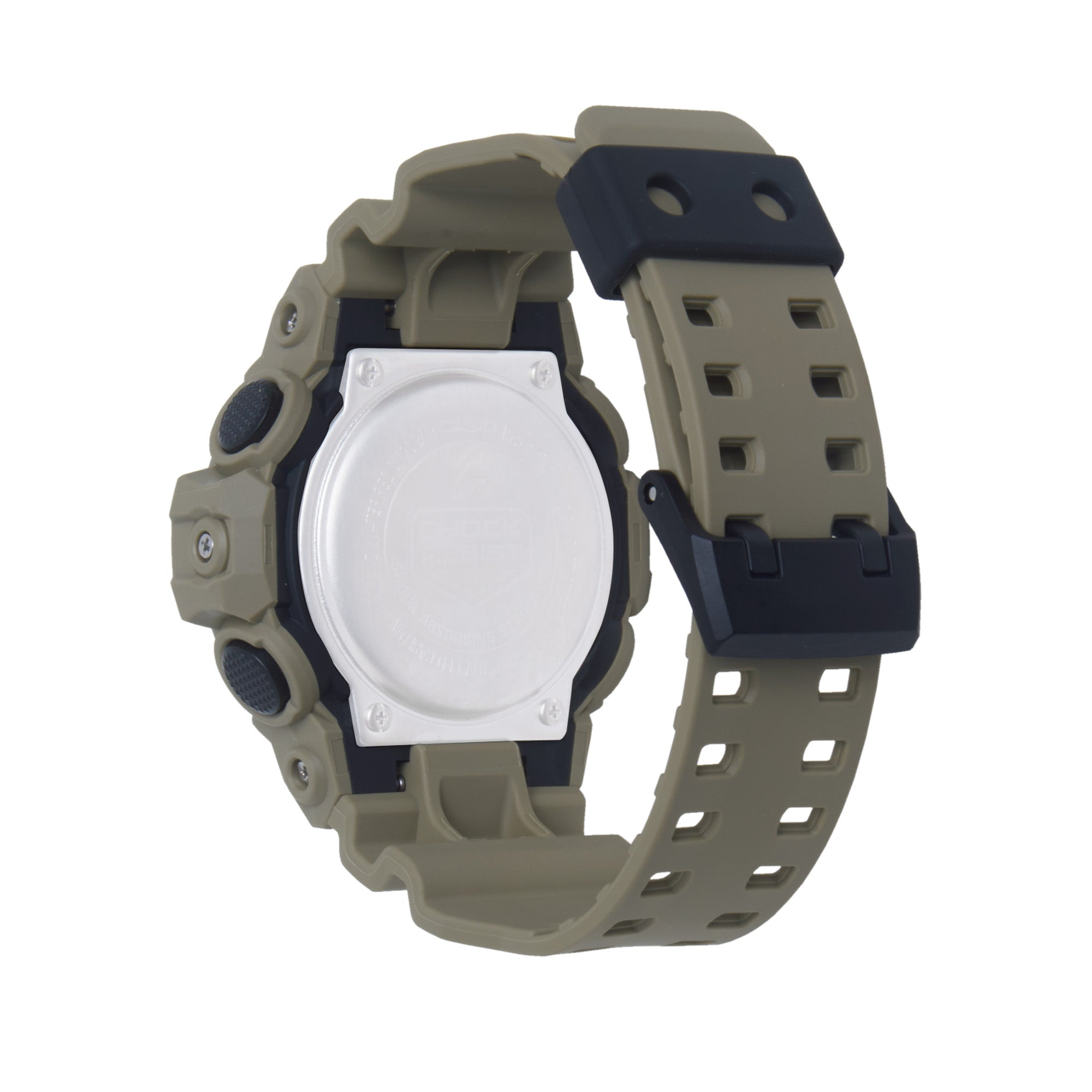 Gray and navy digital watch with square white face and perforated resin band with buckle closure.
