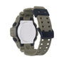 Gray and navy digital watch with square white face and perforated resin band with buckle closure.