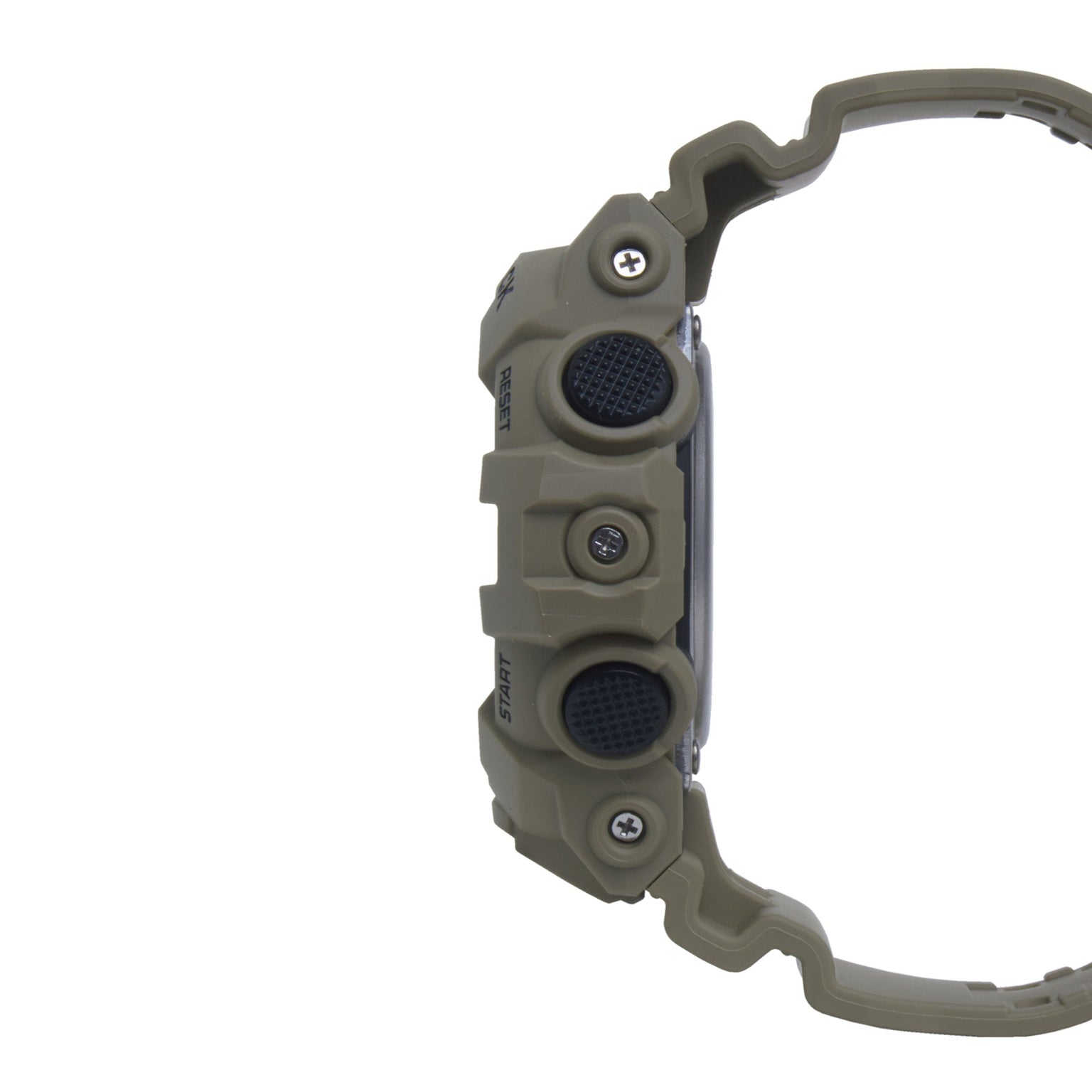 Gray resin digital watch with round button interfaces and dark blue accents on band.