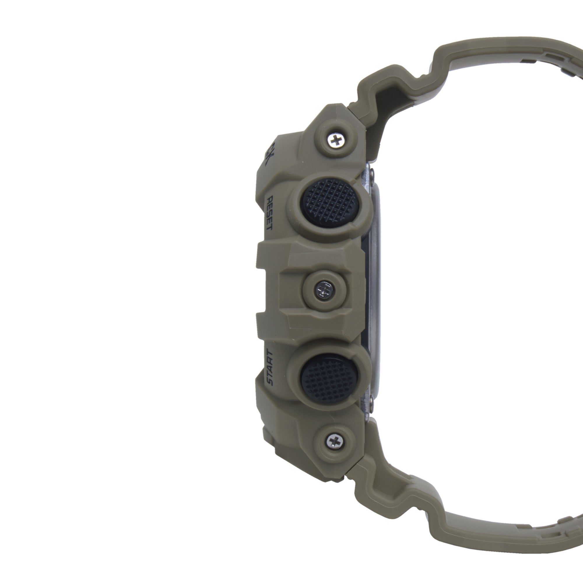 Gray resin digital watch with round button interfaces and dark blue accents on band.