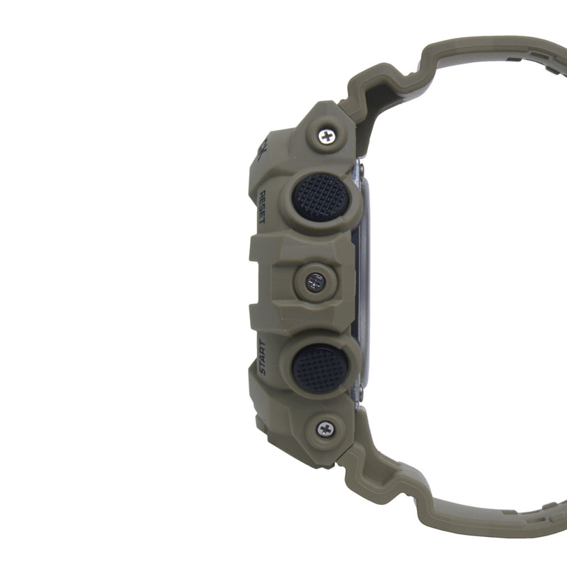 Gray resin digital watch with round button interfaces and dark blue accents on band.