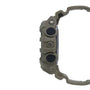 Gray resin digital watch with round button interfaces and dark blue accents on band.
