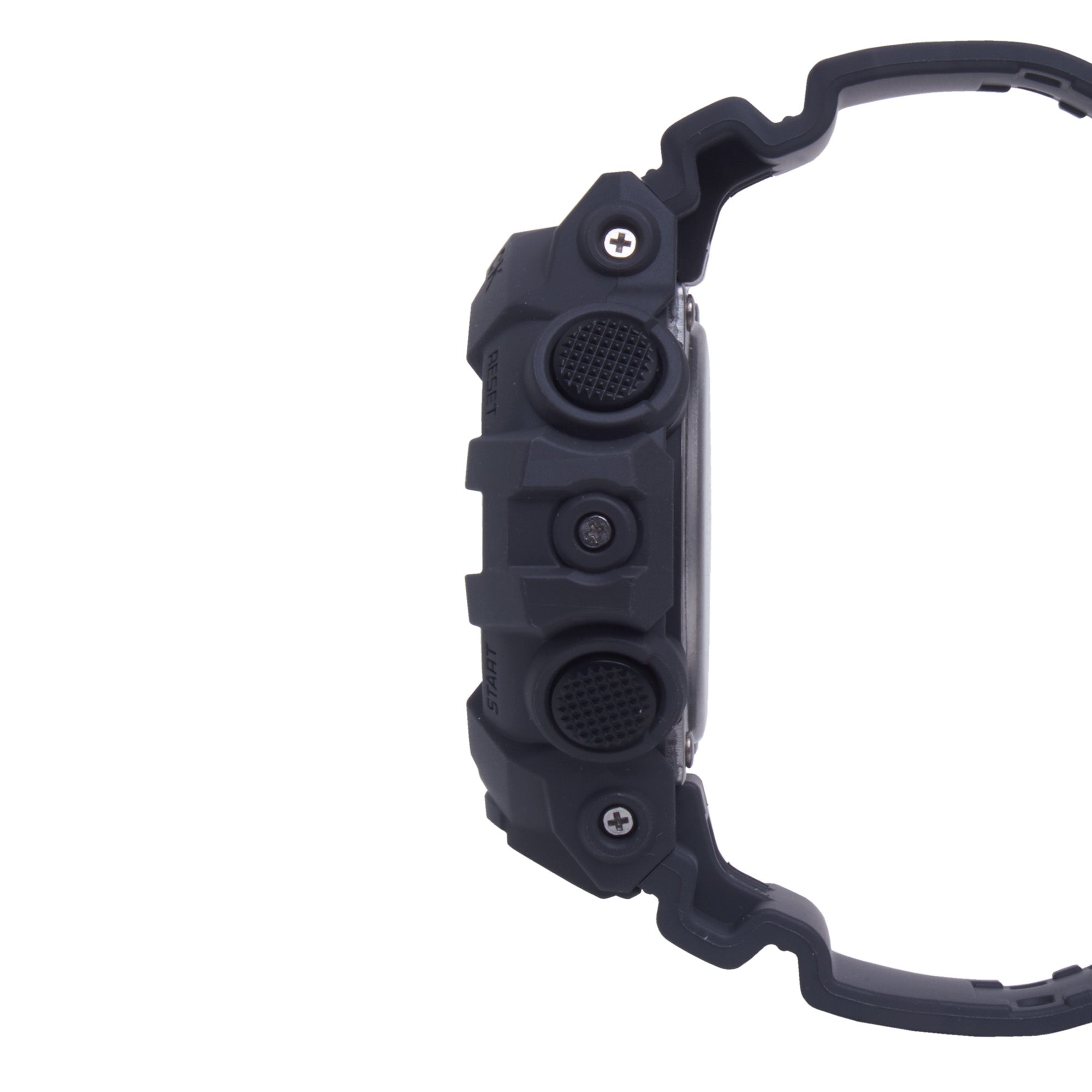 Gray resin digital watch with black band and textured buttons on side.