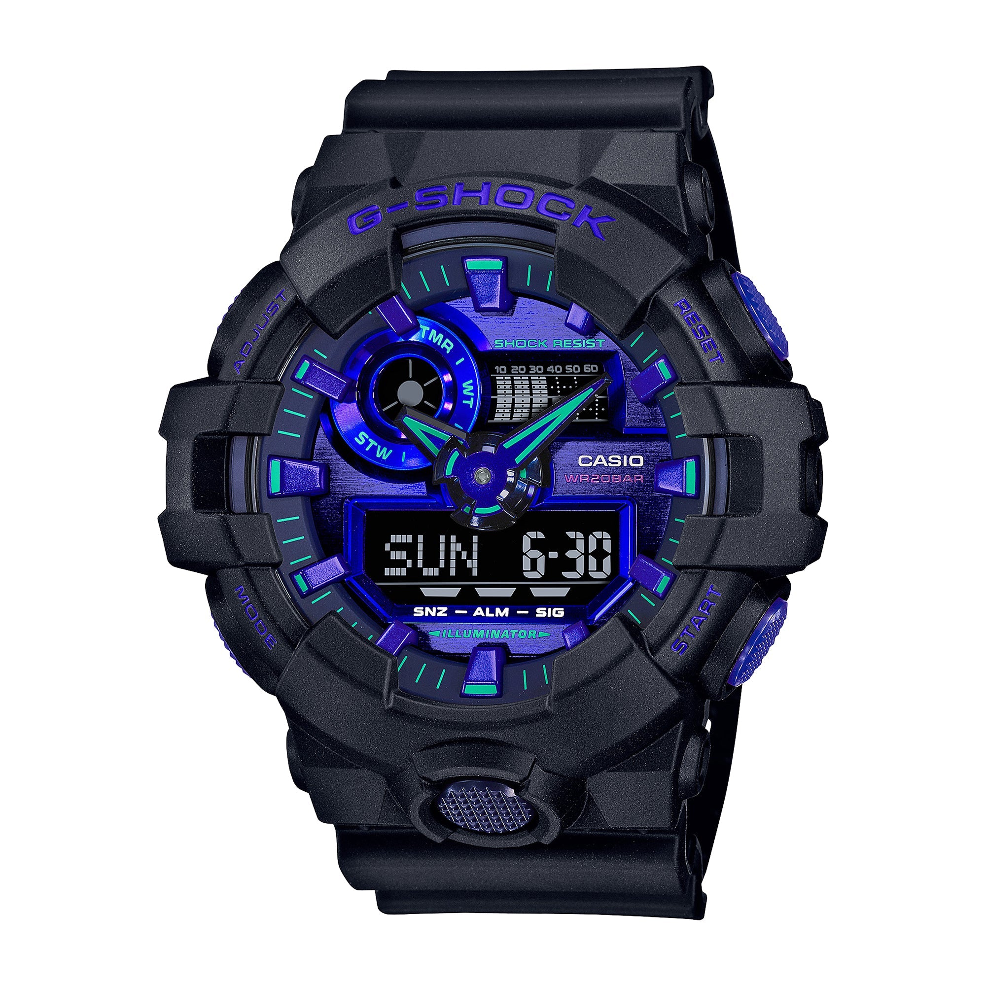 Black G-Shock digital watch with blue and purple illuminated dial, analog and digital displays, and black resin band.