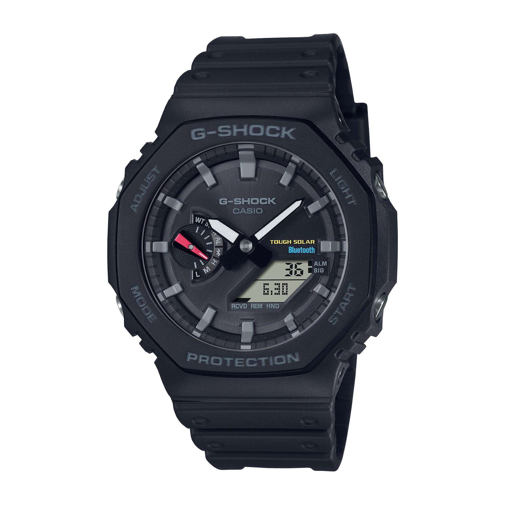 Black G-Shock analog-digital watch with solar power, Bluetooth connectivity, and black resin band.