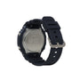 Black digital watch with square face, silver metal case back, and black resin band with metal buckle.