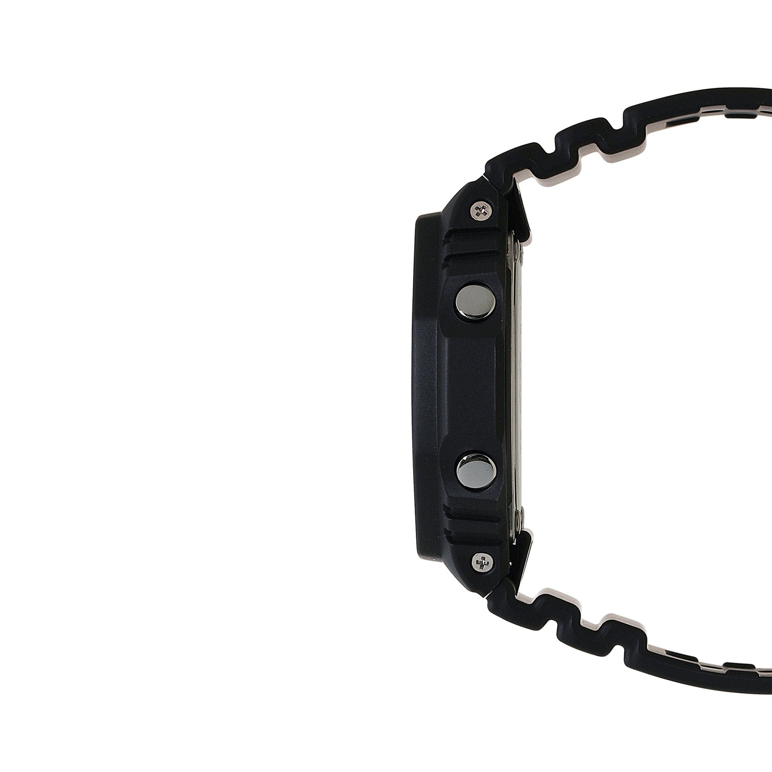 Black resin digital watch with solar icon, side view showing rectangular case and textured band.