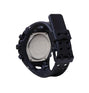 Black resin digital watch with silver caseback, textured band, and multiple buttons on the side.